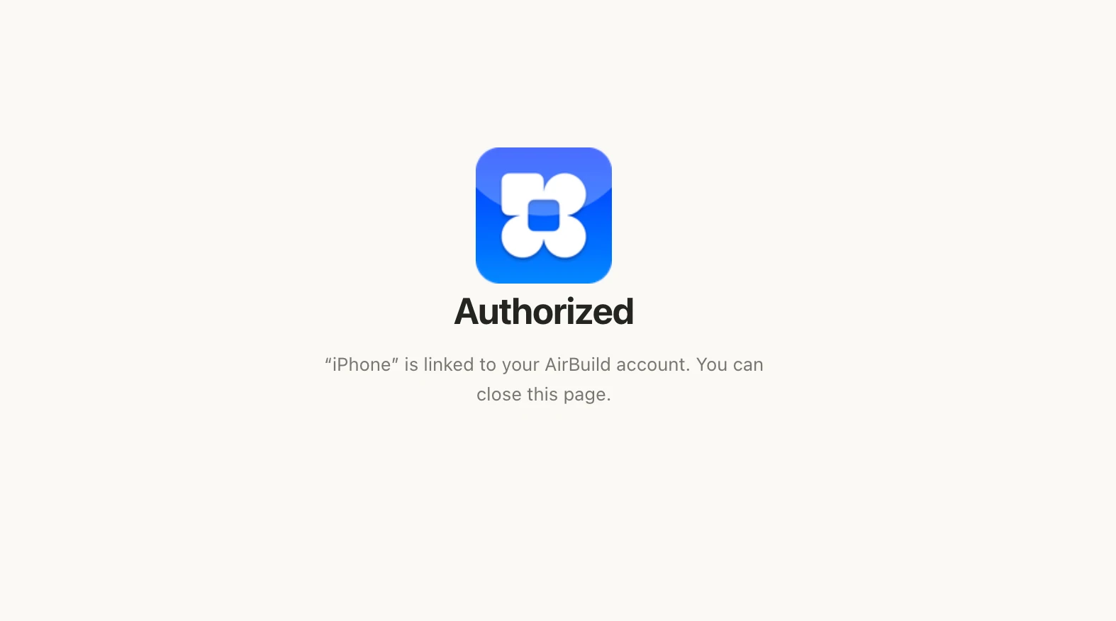 Страница Authorized подтверждает завершение привязки.