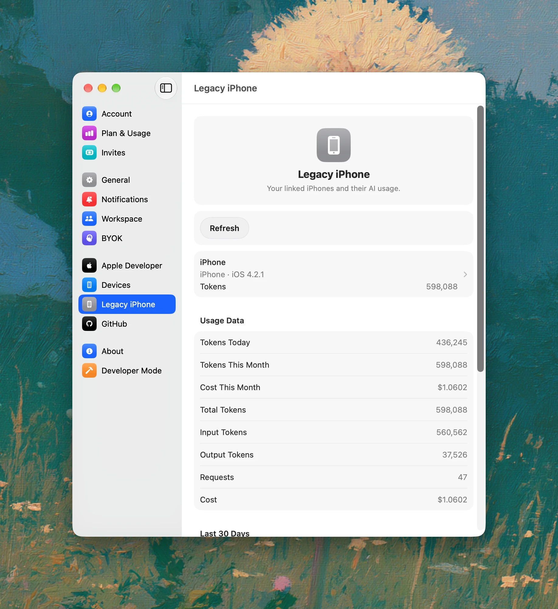 После авторизации откройте Legacy iPhone в настройках AirBuild, чтобы увидеть привязанный iPhone и расход токенов ИИ.
