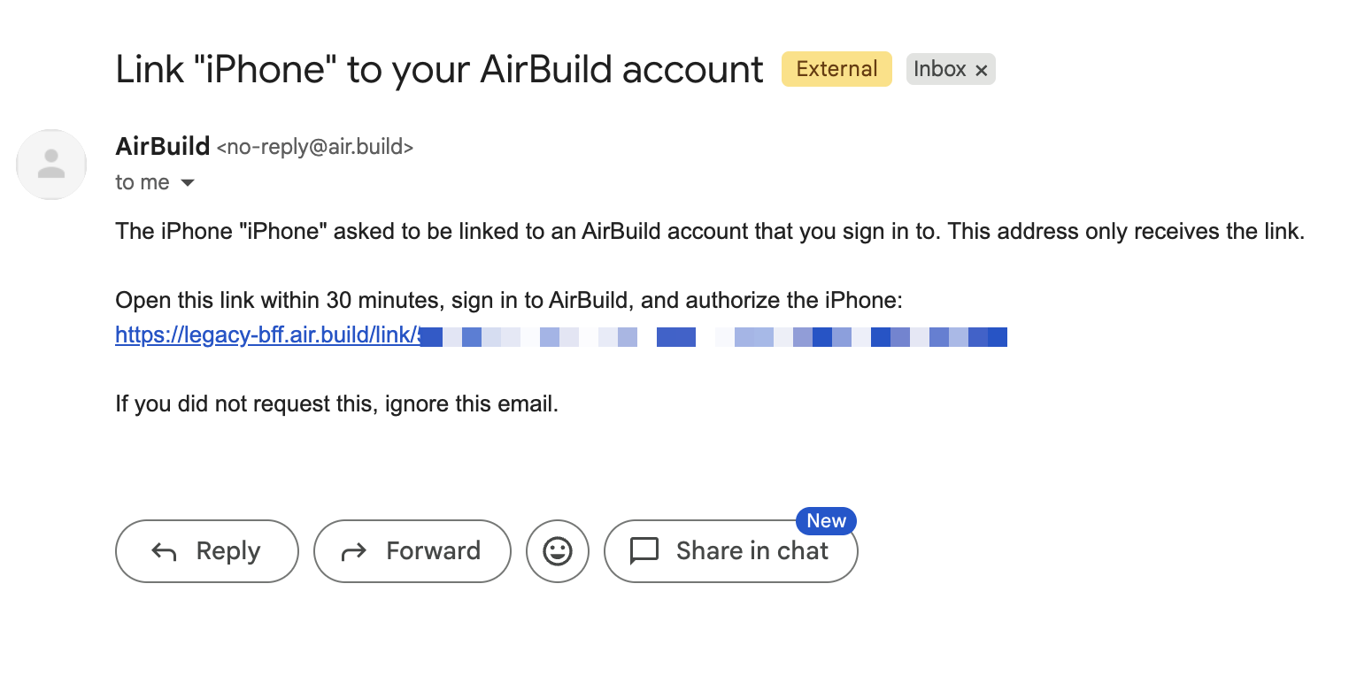 AirBuild authorization email asking you to open the link within 30 minutes, sign in, and authorize the iPhone. The personal link is obscured.