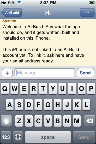 The welcome message says this iPhone is not linked to an AirBuild account yet.
