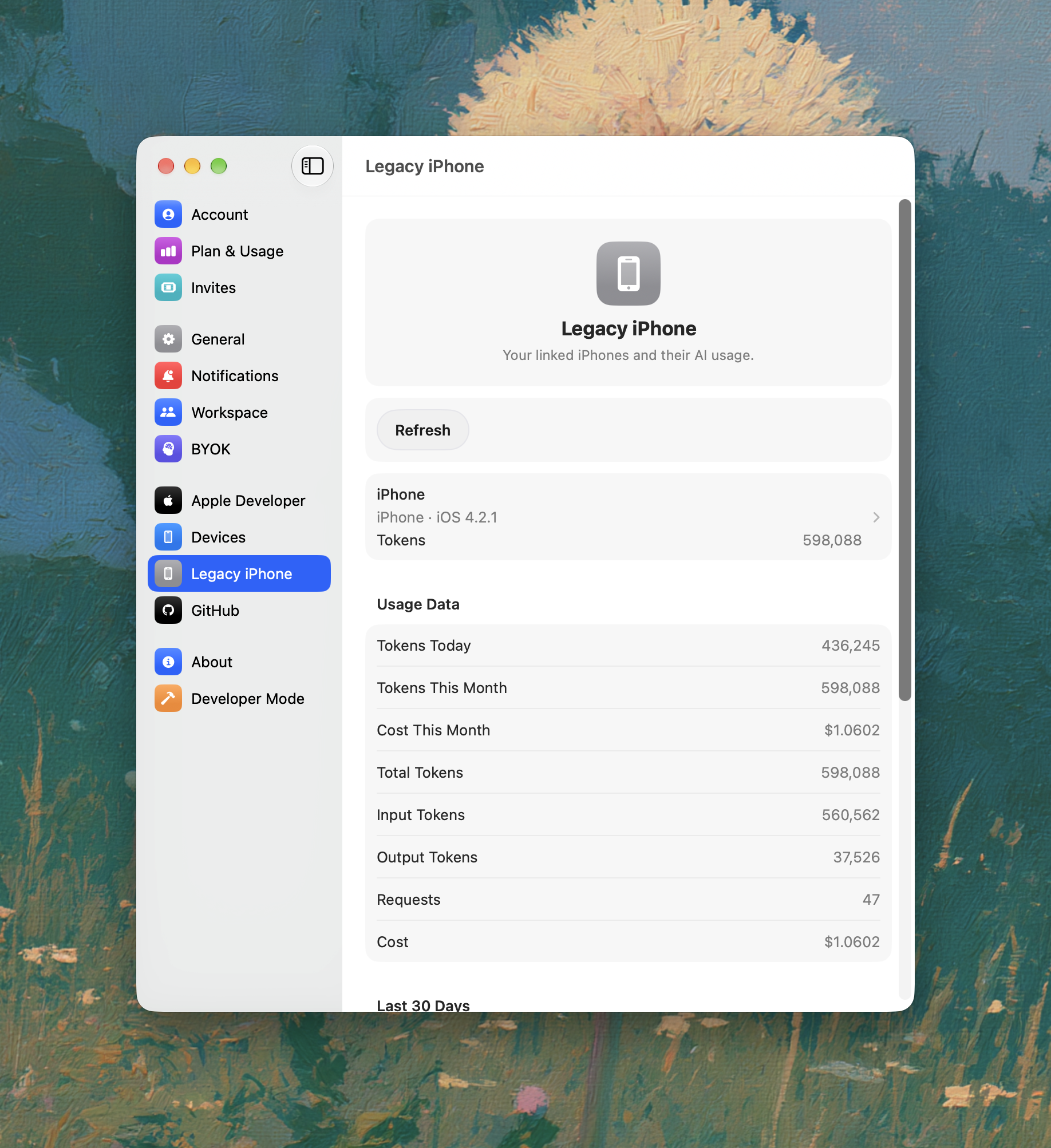 After authorization, open Legacy iPhone in AirBuild settings to see your linked iPhone and its AI token usage.
