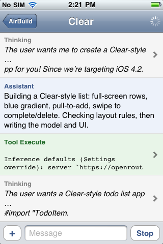 Follow progress and tool activity in the conversation.